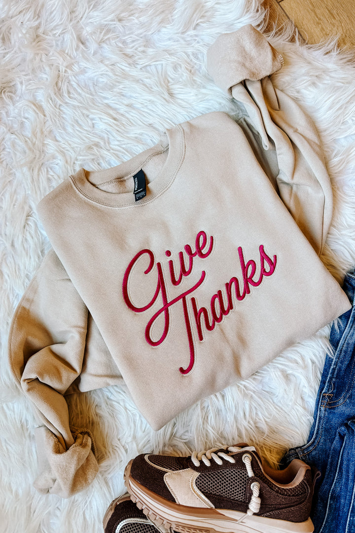 Give Thanks Embroidered Crewneck Sweatshirt - Light Sand