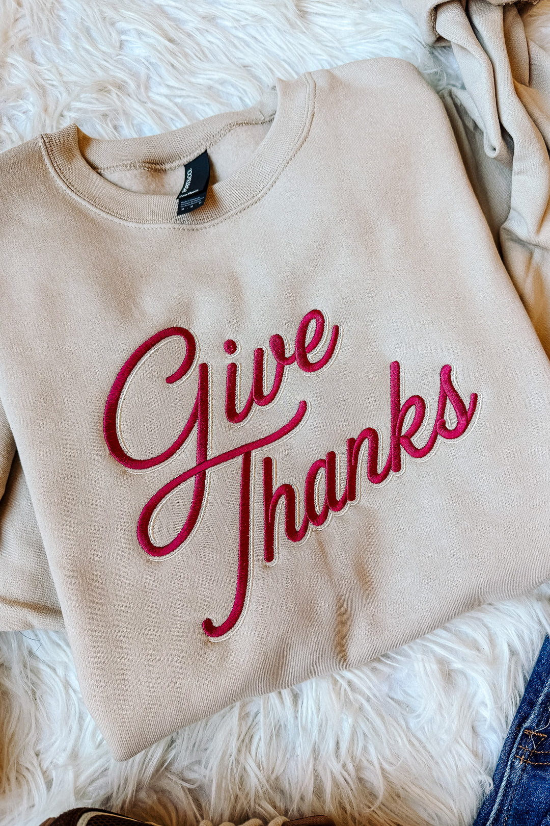 Give Thanks Embroidered Crewneck Sweatshirt - Light Sand