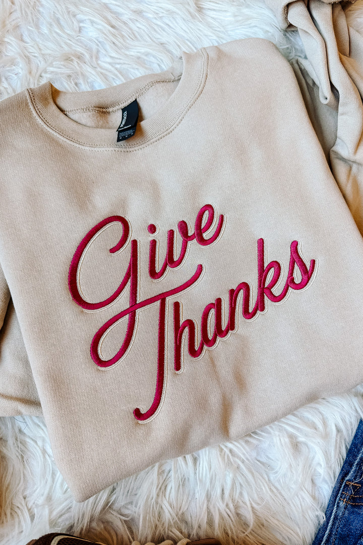 Give Thanks Embroidered Crewneck Sweatshirt - Light Sand
