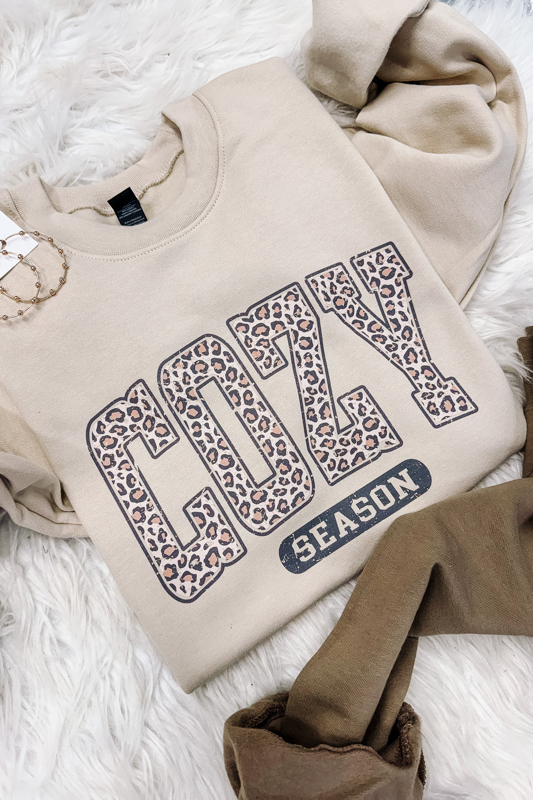 Leopard Cozy Season Crewneck Sweatshirt - Brown & Sand