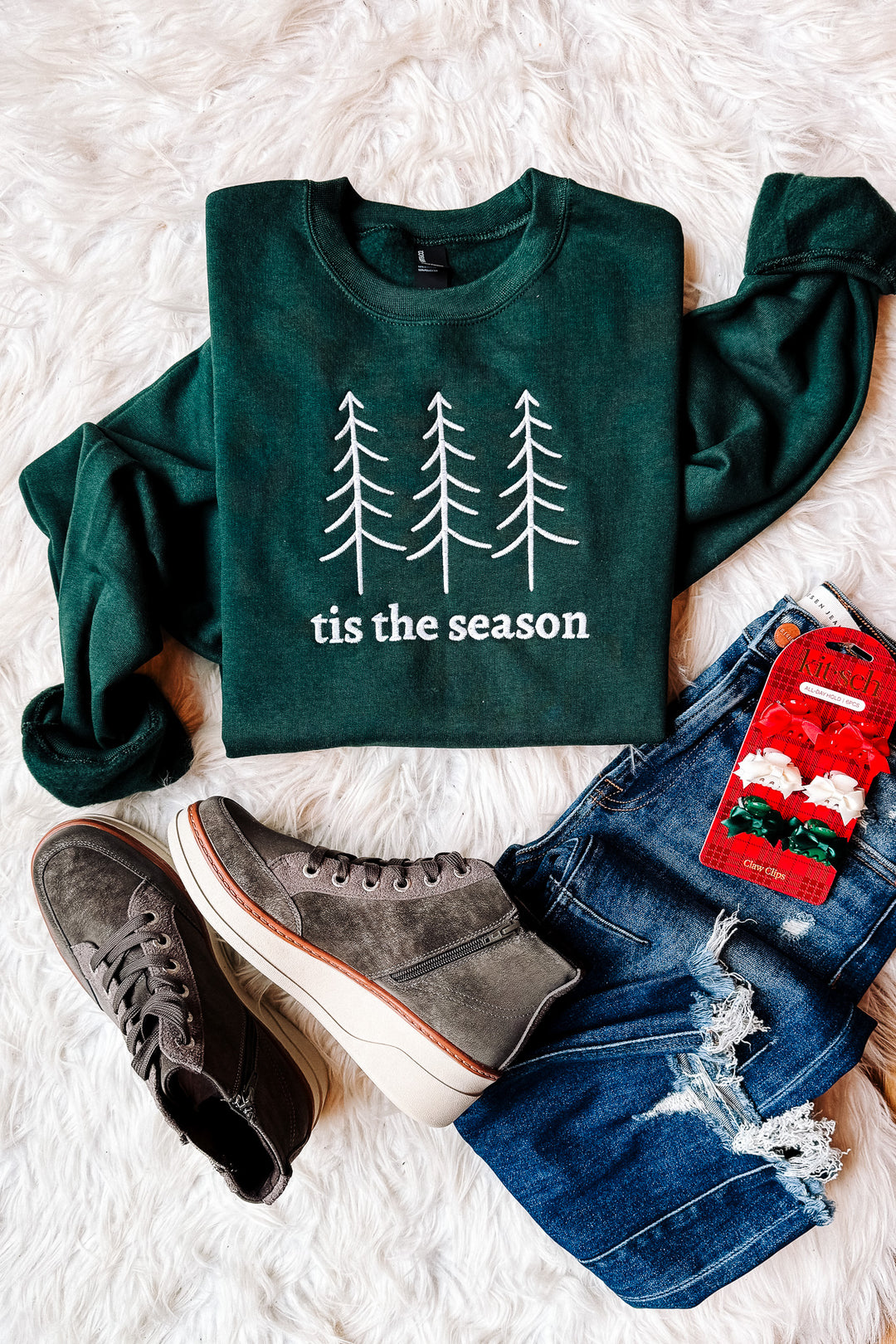 Tis The Season Embroidered Sweatshirt - Dark Green
