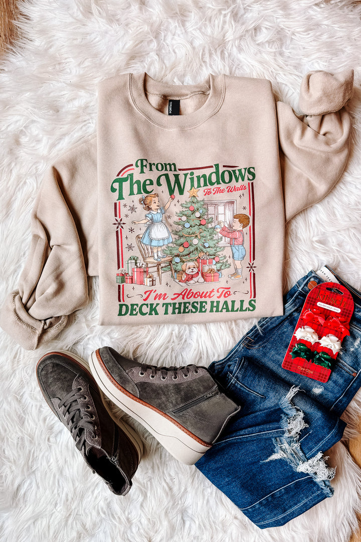 Vintage Deck The Halls Graphic Sweatshirt - Light Sand