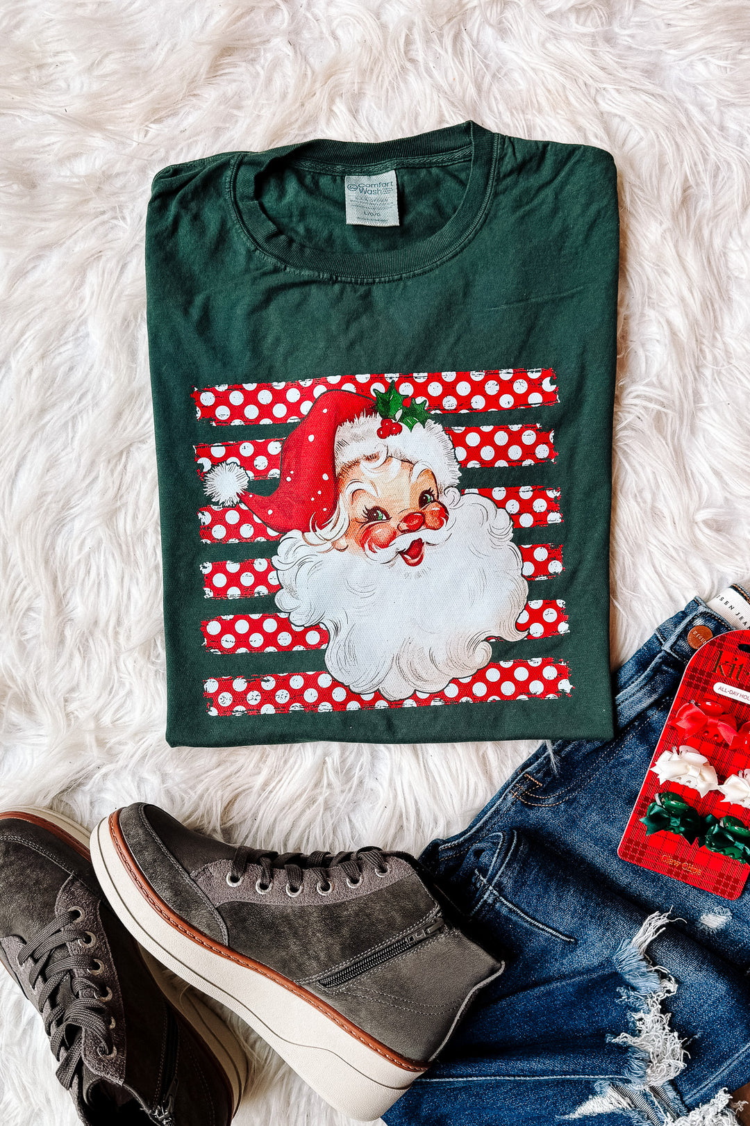 Polka Dot Stripe Retro Santa Graphic Tee - Field Green