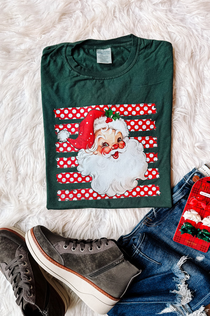 Polka Dot Stripe Retro Santa Graphic Tee - Field Green