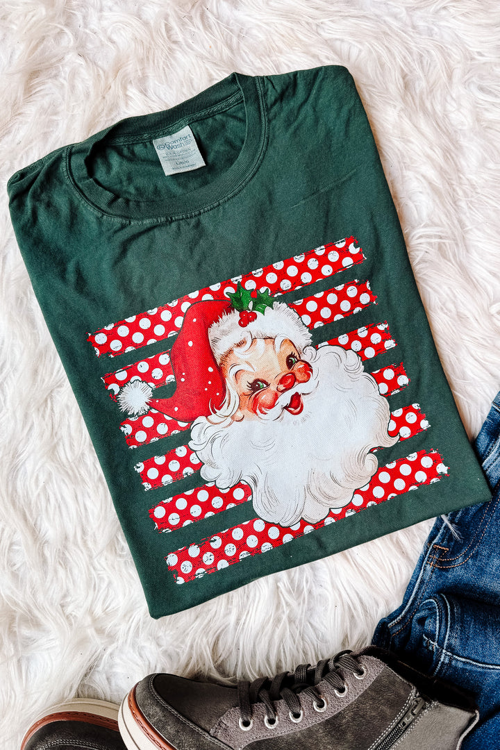 Polka Dot Stripe Retro Santa Graphic Tee - Field Green