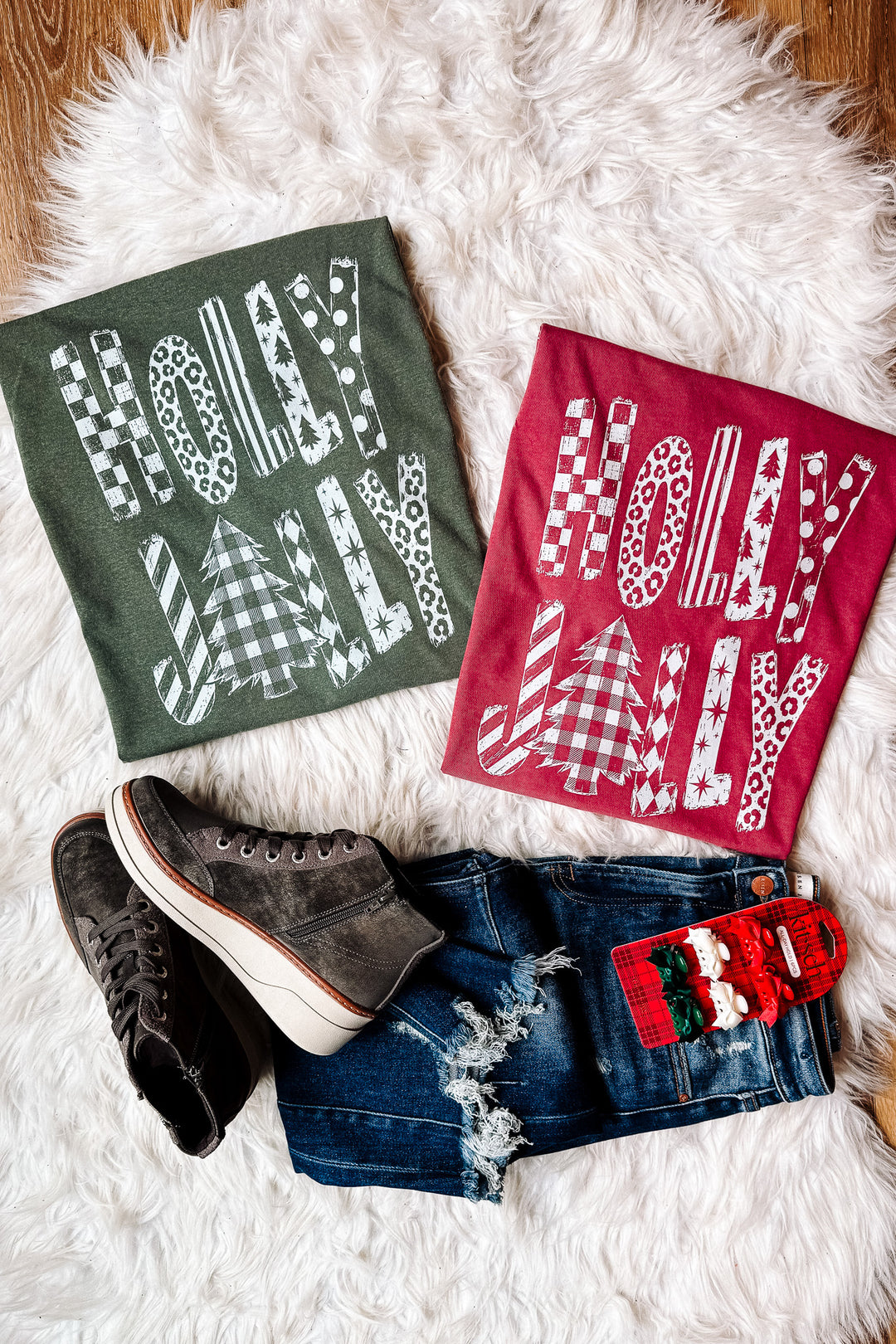 Holly Jolly White Patterns Graphic Tee - Multiple Colors