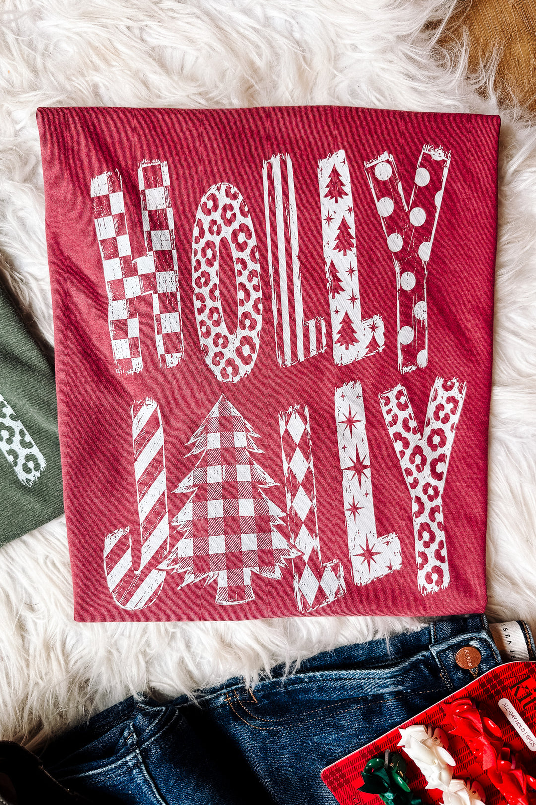 Holly Jolly White Patterns Graphic Tee - Multiple Colors