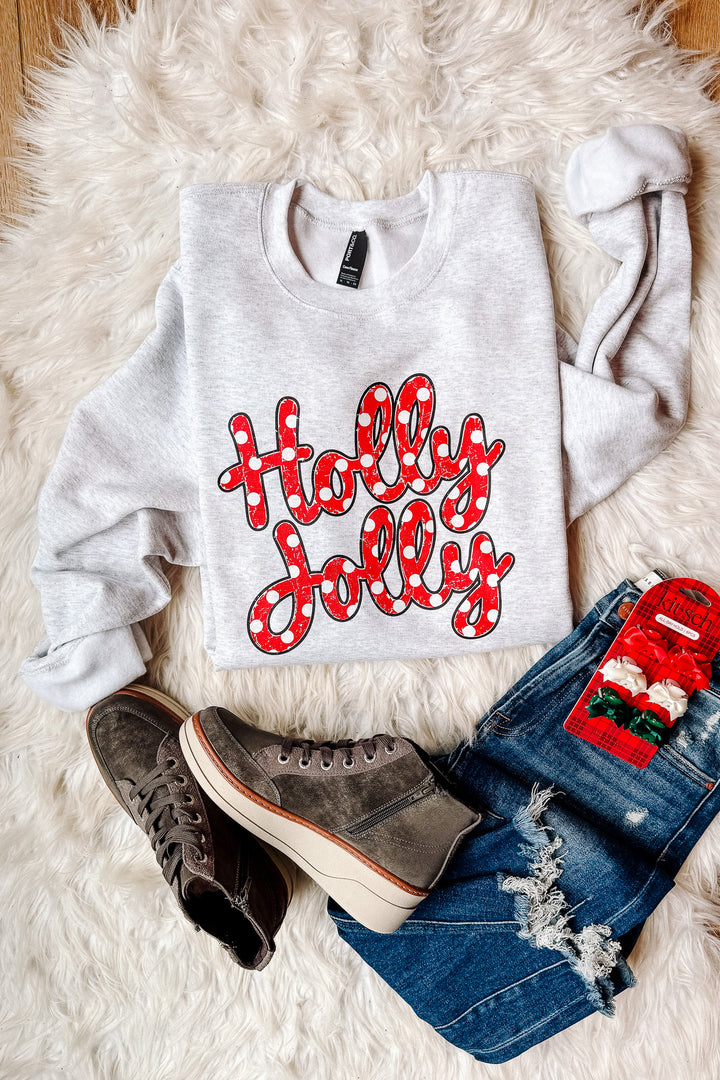Polka Dot Holly Jolly Graphic Sweatshirt - Ash Grey