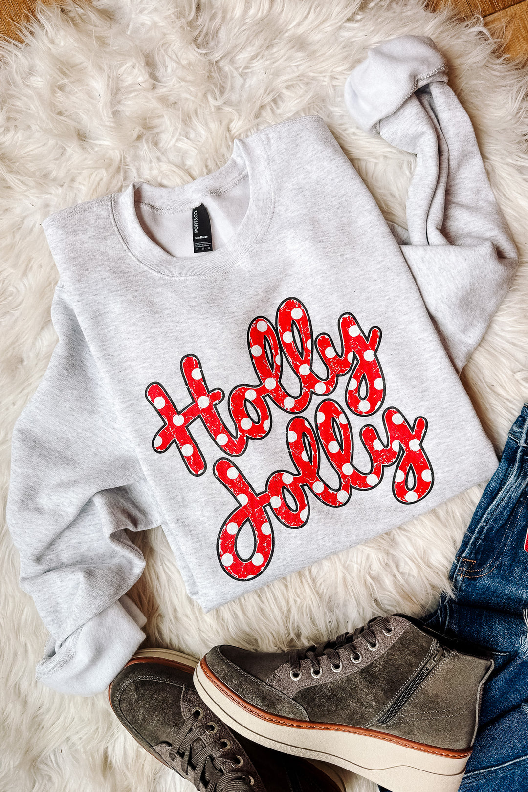Polka Dot Holly Jolly Graphic Sweatshirt - Ash Grey