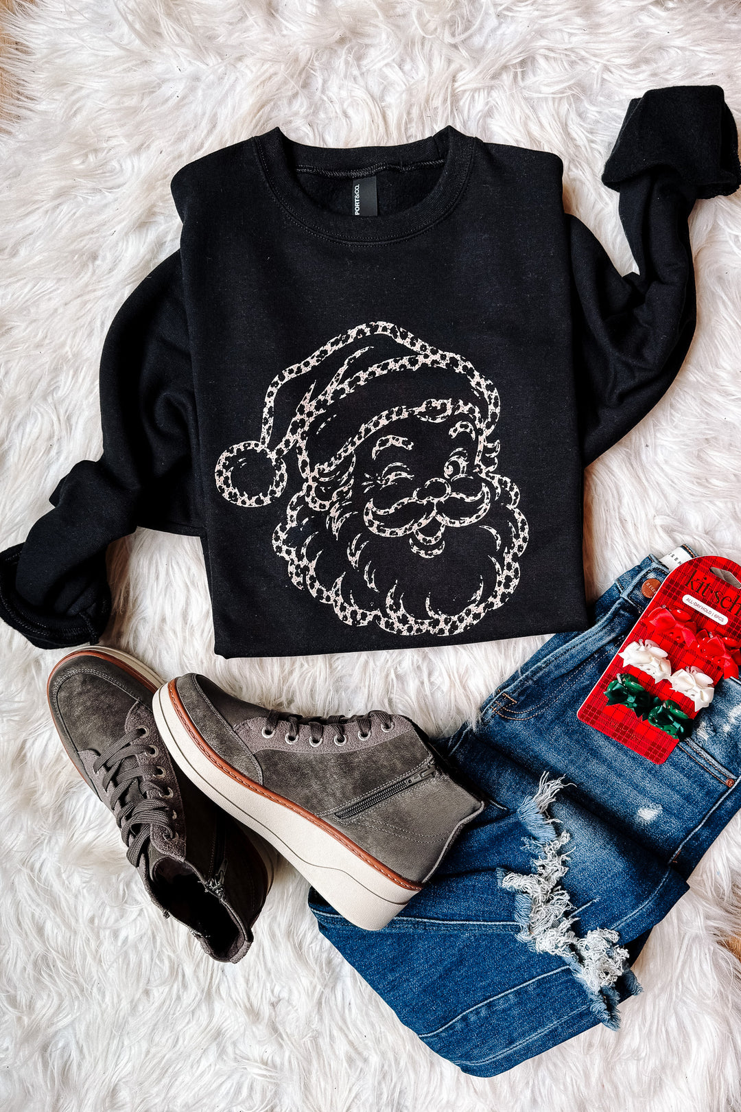 Leopard Santa Outline Graphic Sweatshirt - Black