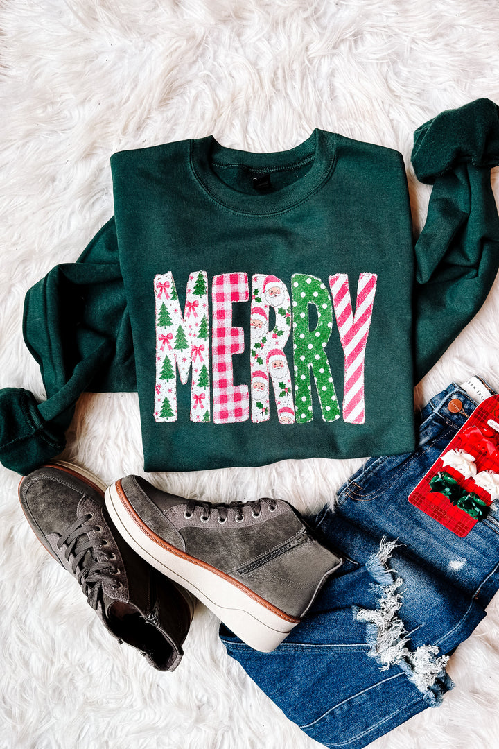 Preppy Pink Merry Patterns Graphic Sweatshirt - Dark Green