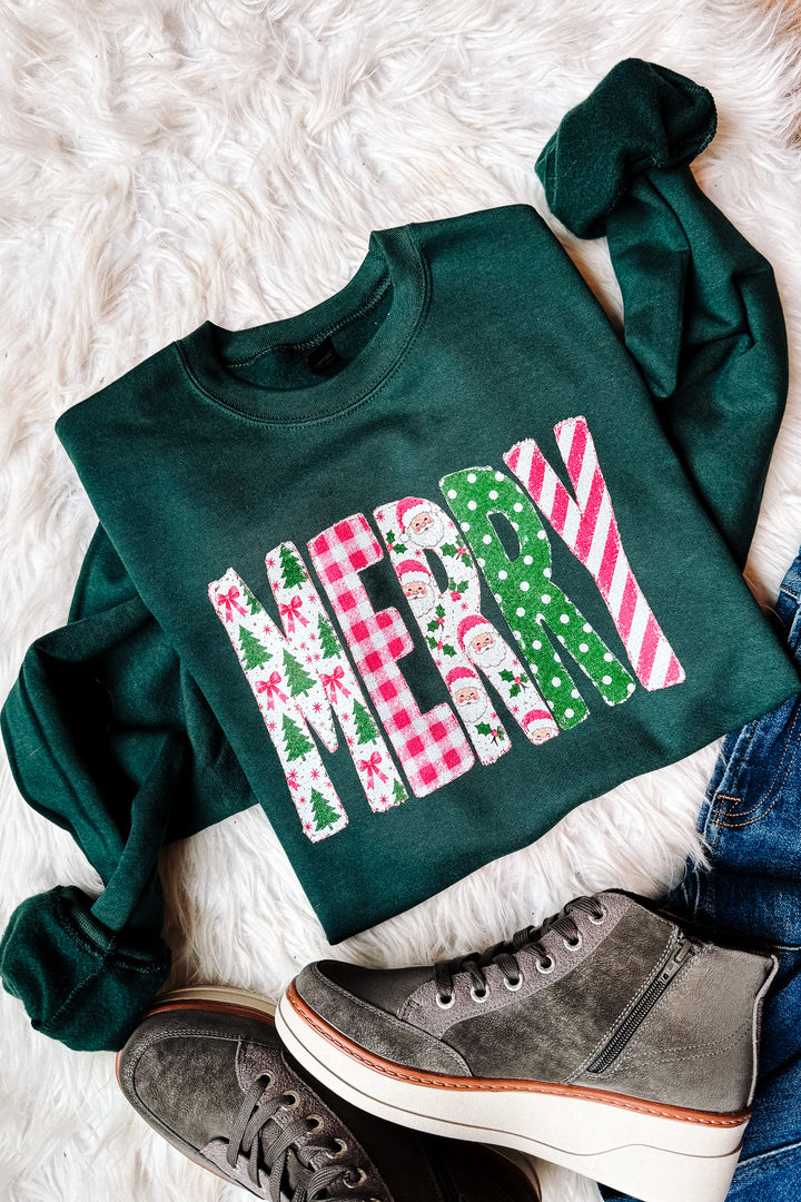 Preppy Pink Merry Patterns Graphic Sweatshirt - Dark Green