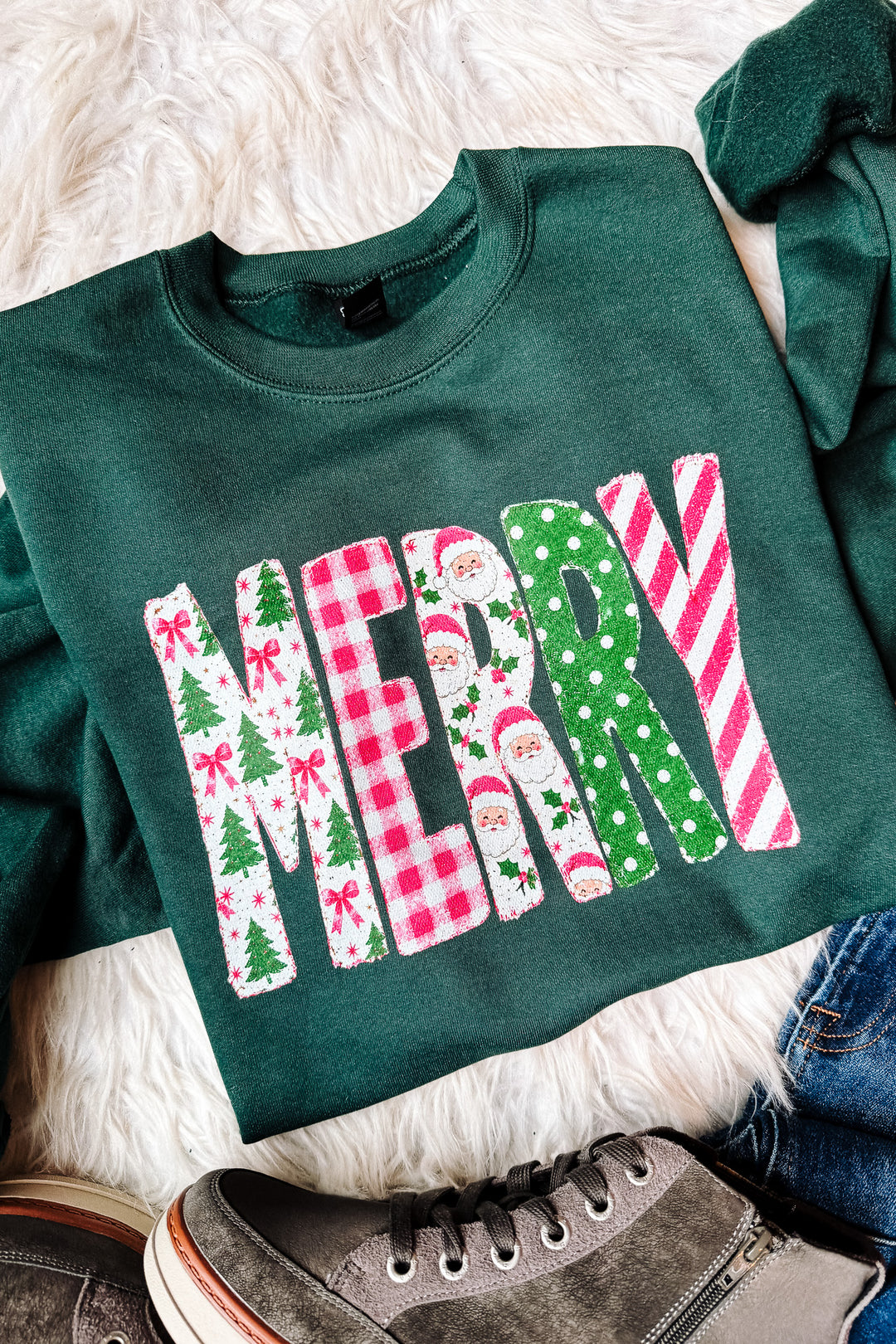 Preppy Pink Merry Patterns Graphic Sweatshirt - Dark Green