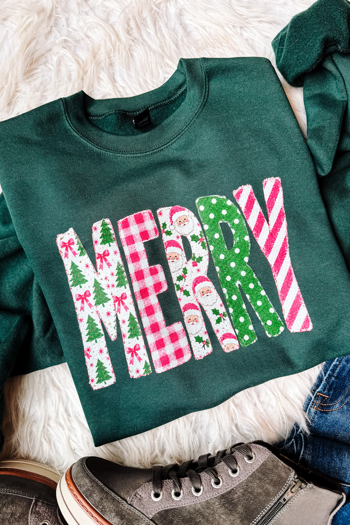 Preppy Pink Merry Patterns Graphic Sweatshirt - Dark Green