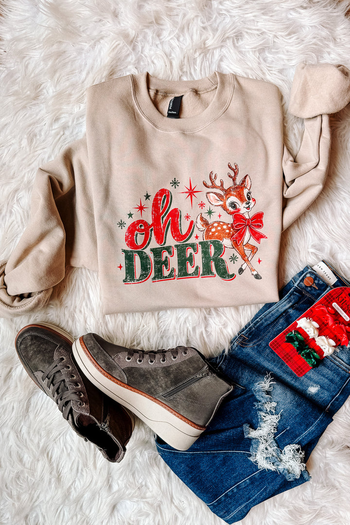 Oh Deer Retro Graphic Sweatshirt - Light Sand