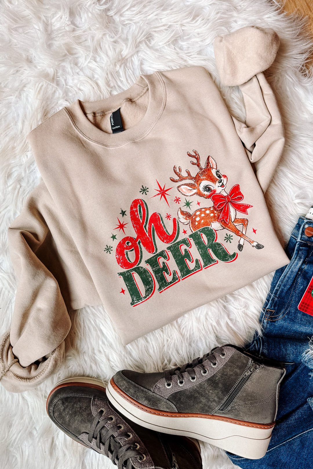 Oh Deer Retro Graphic Sweatshirt - Light Sand