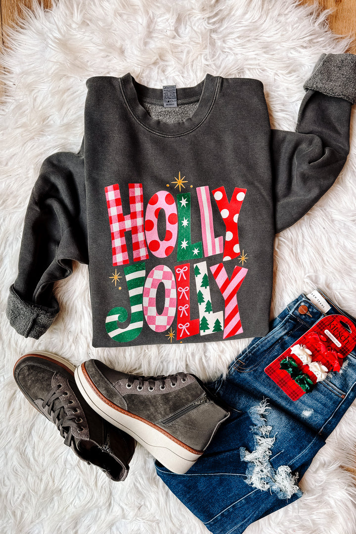 Festive Holly Jolly Patterns Graphic Sweatshirt - Pigment Black