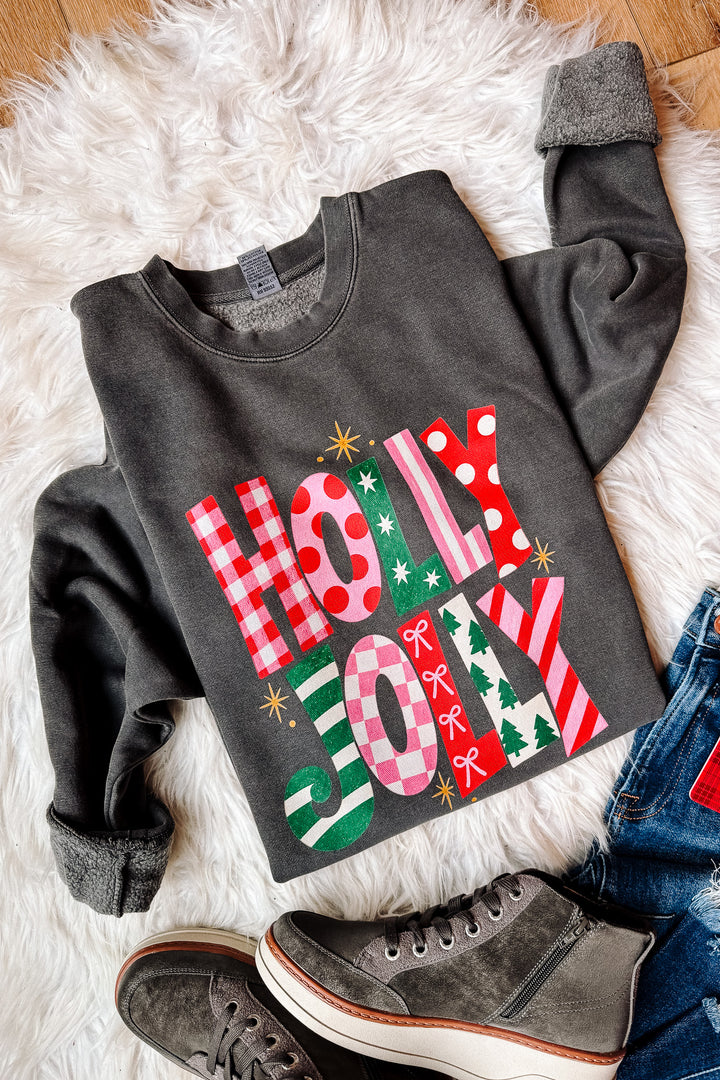 Festive Holly Jolly Patterns Graphic Sweatshirt - Pigment Black