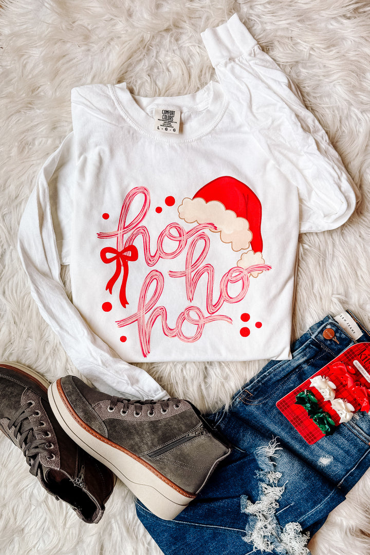 Ho Ho Ho Santa Hat Graphic Long Sleeve - White