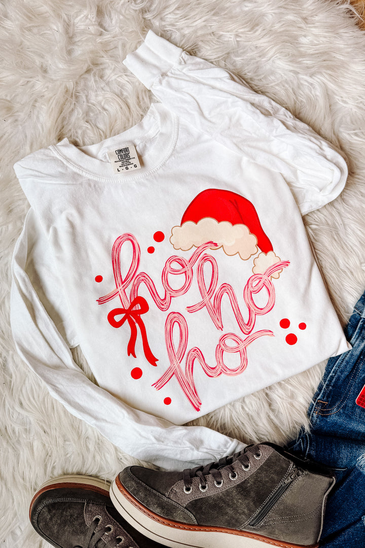 Ho Ho Ho Santa Hat Graphic Long Sleeve - White