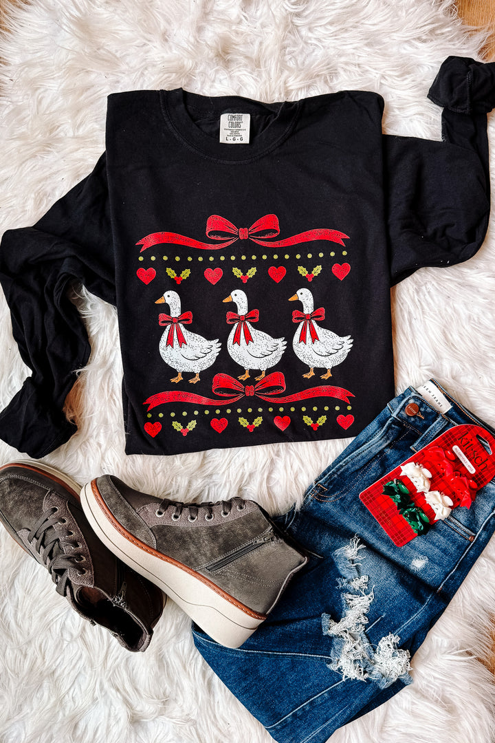 Seasonal Holiday Goose Graphic Long Sleeve - Black