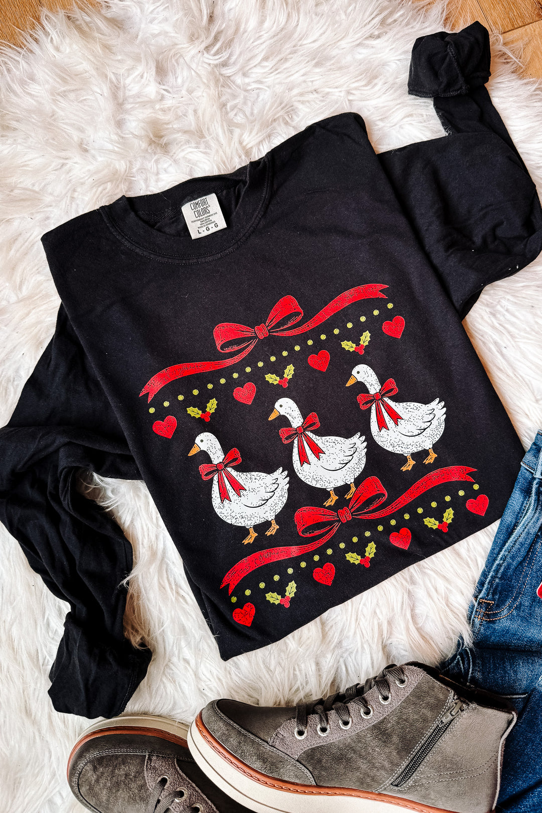 Seasonal Holiday Goose Graphic Long Sleeve - Black