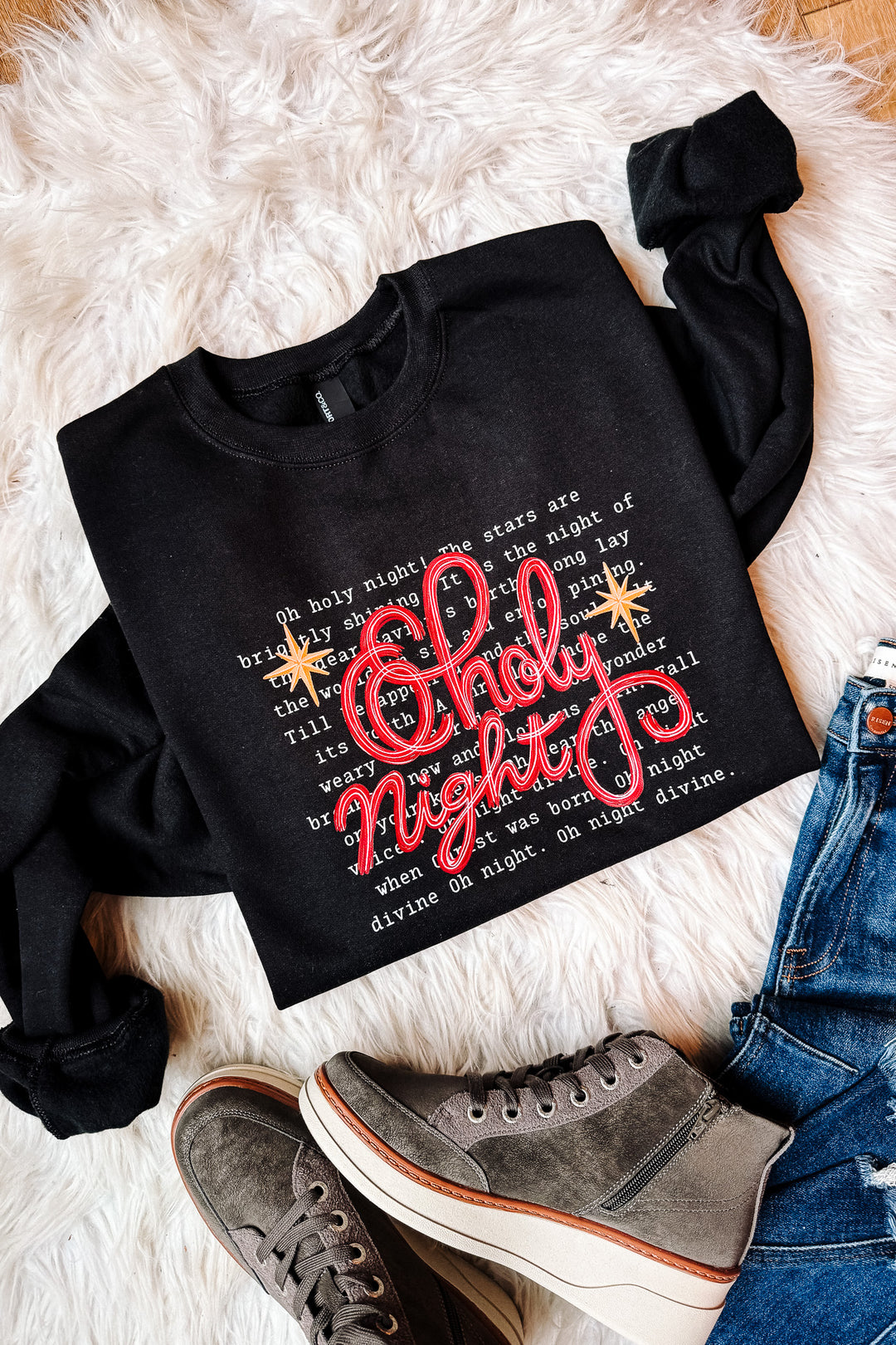 Oh Holy Night Christmas Carol Graphic Sweatshirt - Black