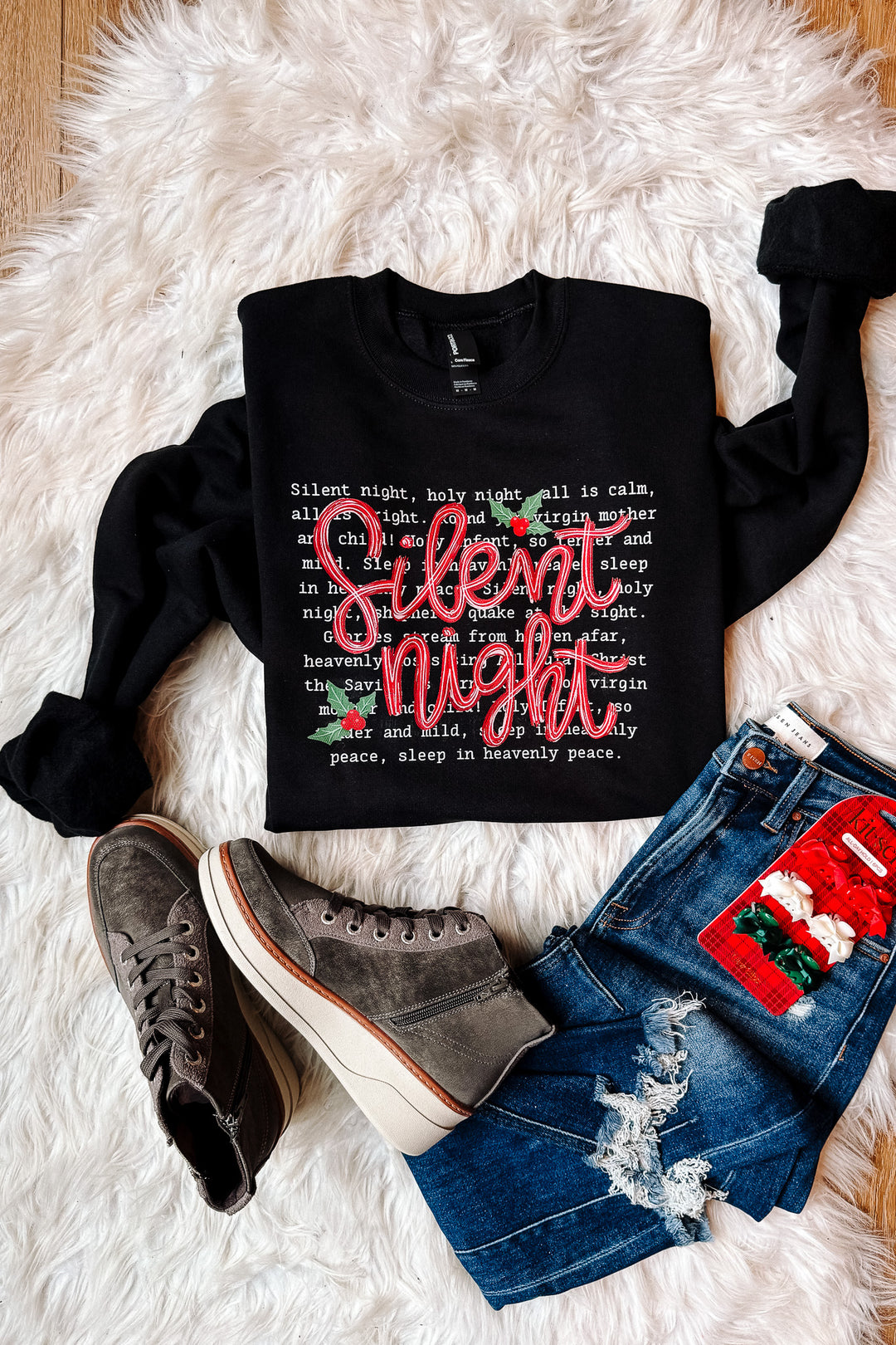 Silent Night Christmas Carol Graphic Sweatshirt - Black