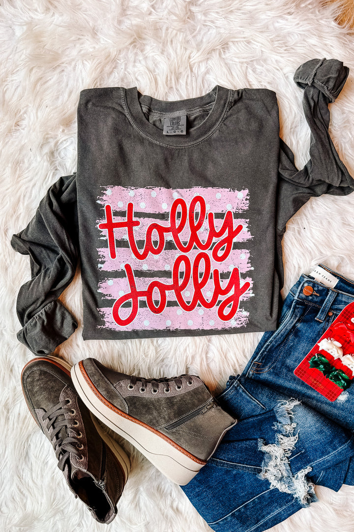 Pink Polka Dot Holly Jolly Graphic Long Sleeve - Pepper