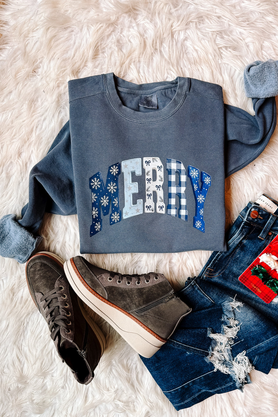 Blue MERRY Pattern Graphic Crewneck Sweatshirt - Denim