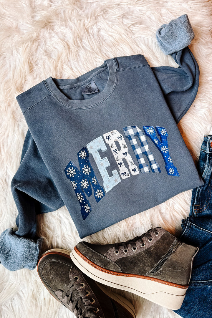 Blue MERRY Pattern Graphic Crewneck Sweatshirt - Denim