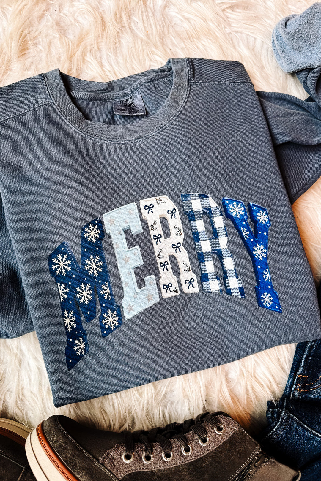 Blue MERRY Pattern Graphic Crewneck Sweatshirt - Denim