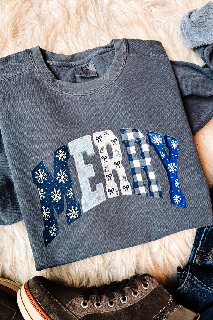 Blue MERRY Pattern Graphic Crewneck Sweatshirt - Denim