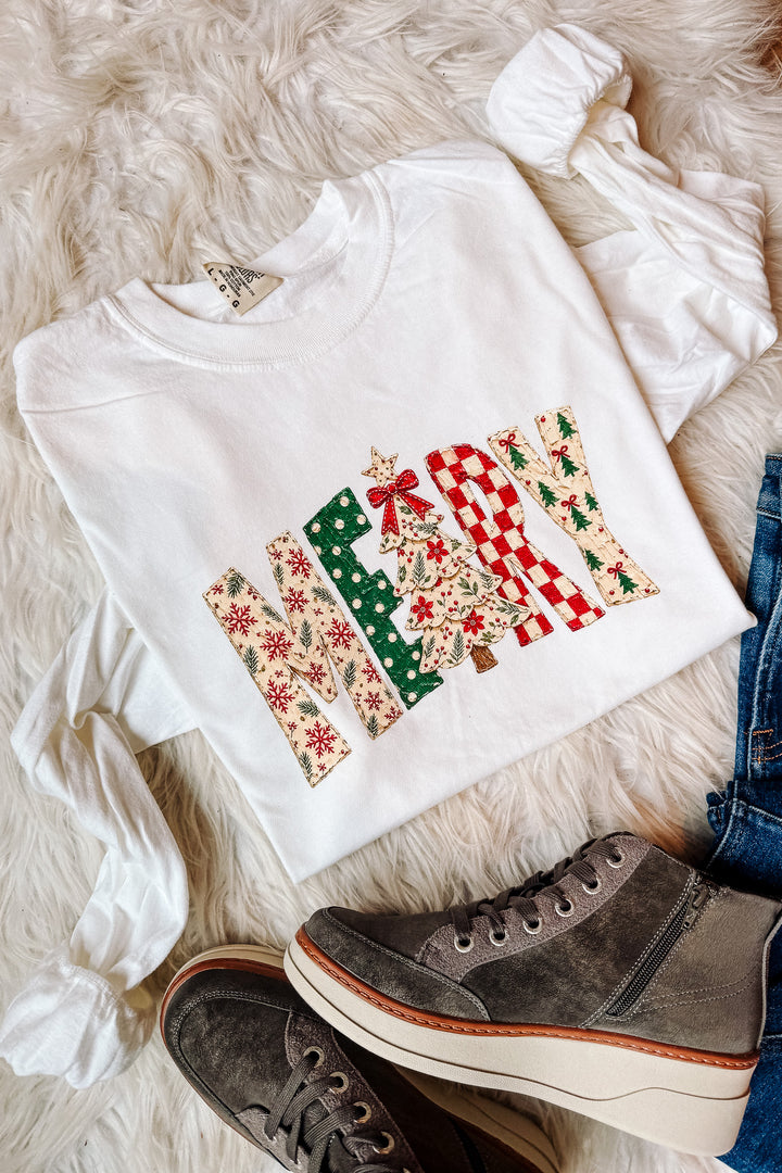 Painted MERRY Patterns Tree Graphic Long Sleeve - White