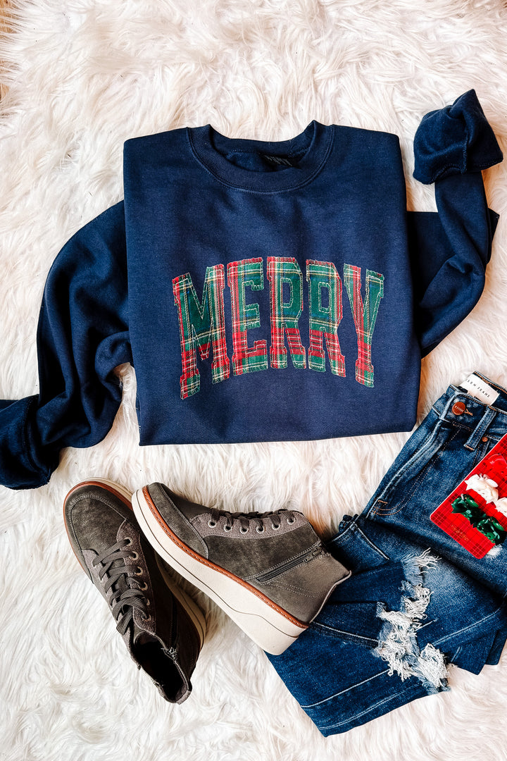 Plaid Merry Faux Applique Graphic Sweatshirt - Navy