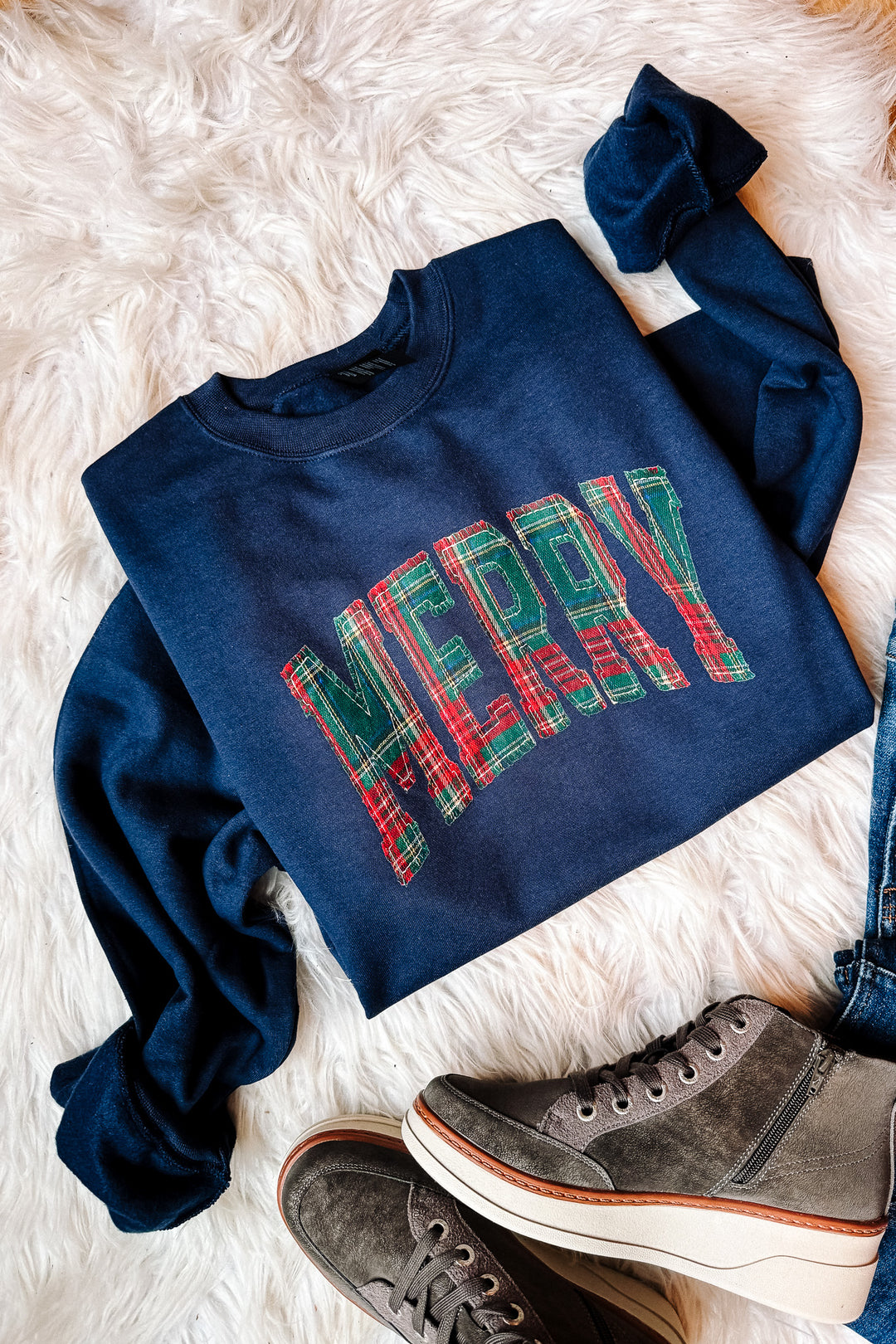 Plaid Merry Faux Applique Graphic Sweatshirt - Navy