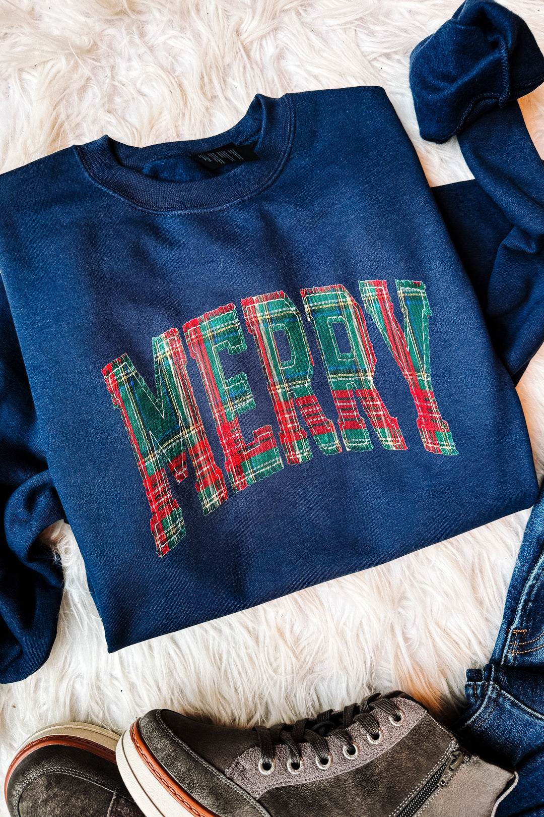 Plaid Merry Faux Applique Graphic Sweatshirt - Navy