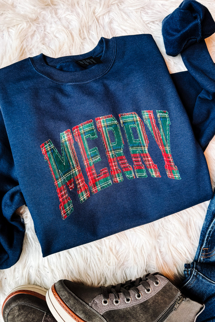 Plaid Merry Faux Applique Graphic Sweatshirt - Navy
