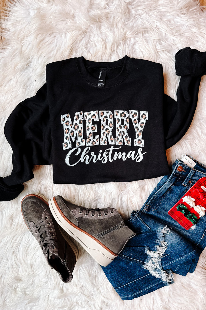 Merry Christmas Leopard Graphic Sweatshirt - Black