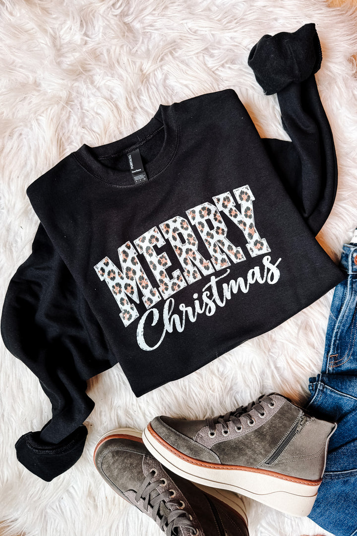 Merry Christmas Leopard Graphic Sweatshirt - Black