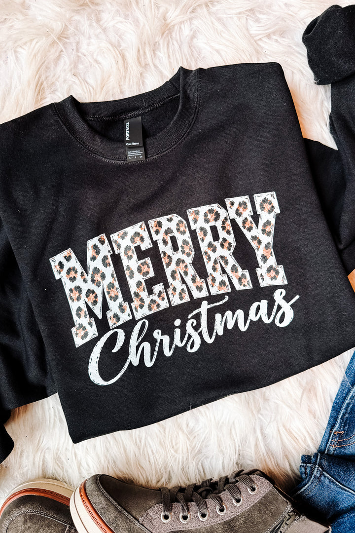 Merry Christmas Leopard Graphic Sweatshirt - Black