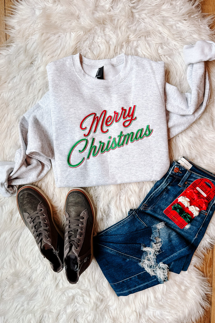 Merry Christmas Double Line Embroidered Sweatshirt - Ash Grey