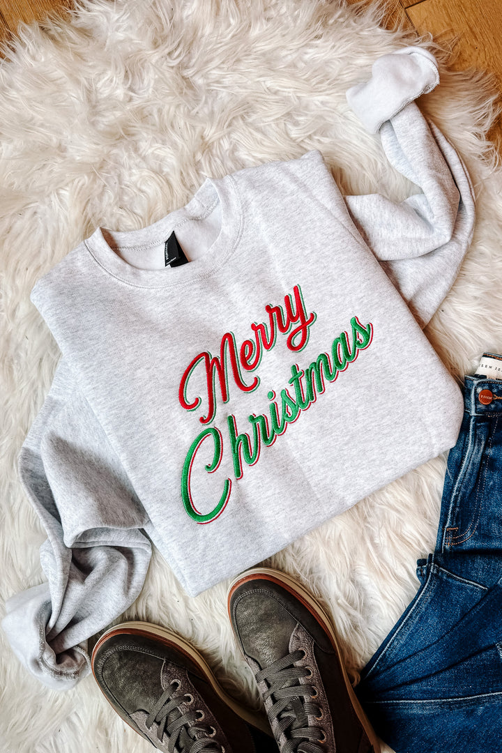 Merry Christmas Double Line Embroidered Sweatshirt - Ash Grey