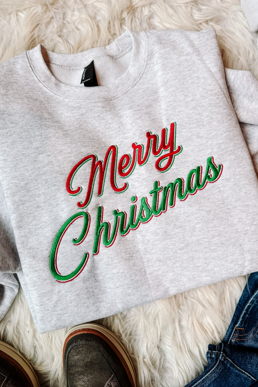 Merry Christmas Double Line Embroidered Sweatshirt - Ash Grey