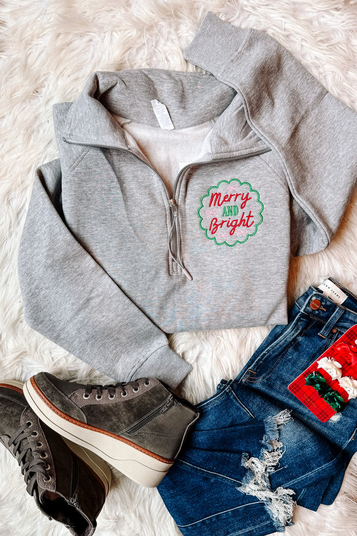 Merry & Bright Bows Embroidered Half Zip - Athletic Heather