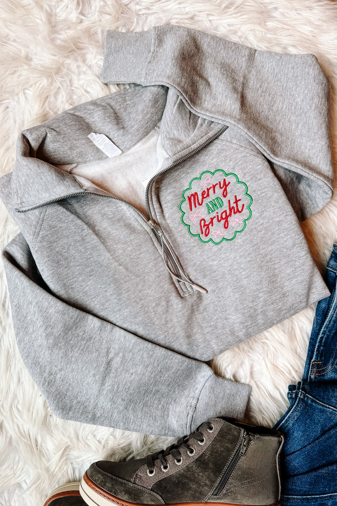 Merry & Bright Bows Embroidered Half Zip - Athletic Heather
