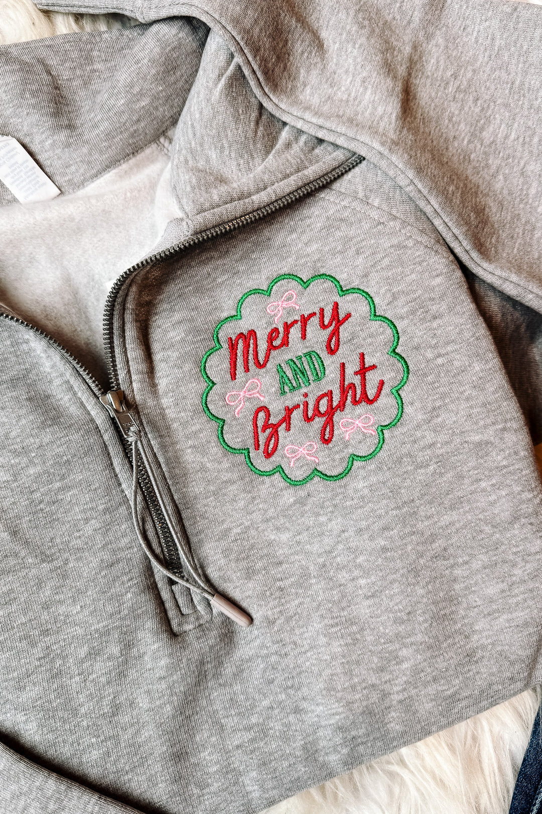 Merry & Bright Bows Embroidered Half Zip - Athletic Heather