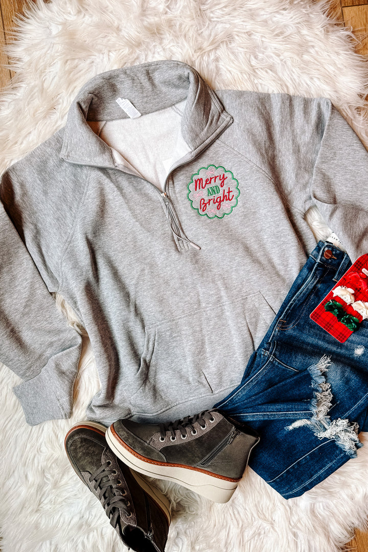 Merry & Bright Bows Embroidered Half Zip - Athletic Heather