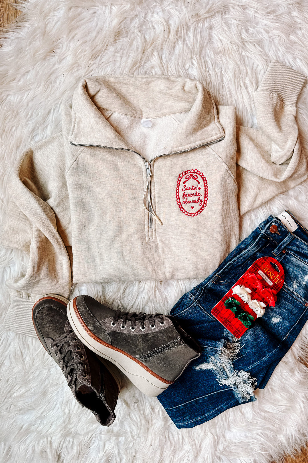 Santa's Favorite, Obviously Embroidered Half Zip - Oatmeal Heather