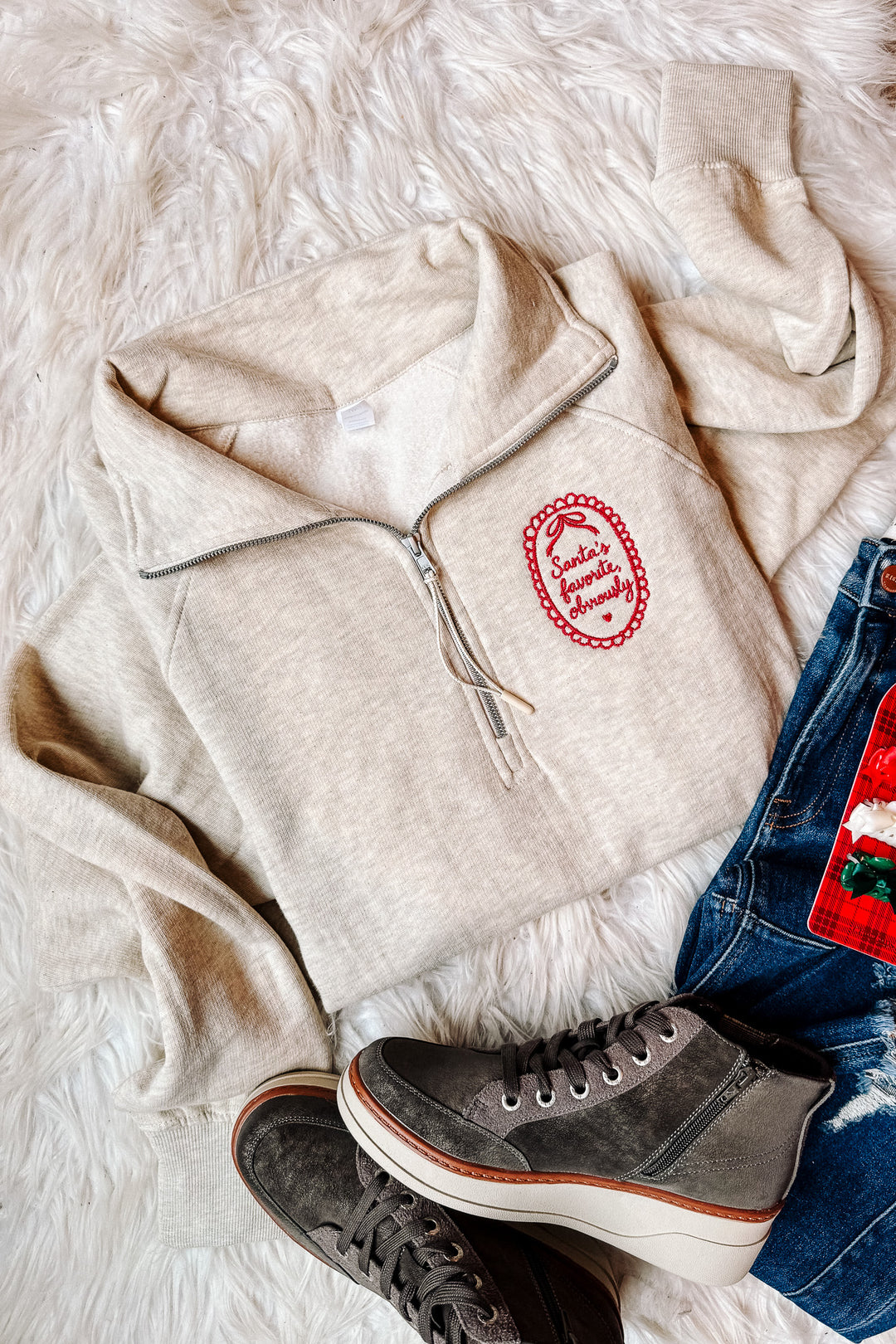 Santa's Favorite, Obviously Embroidered Half Zip - Oatmeal Heather